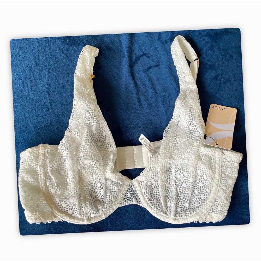 LIVELY Lace Underwire Unlined Bra, 36C, White, Sheer Hook & Eye, 47121